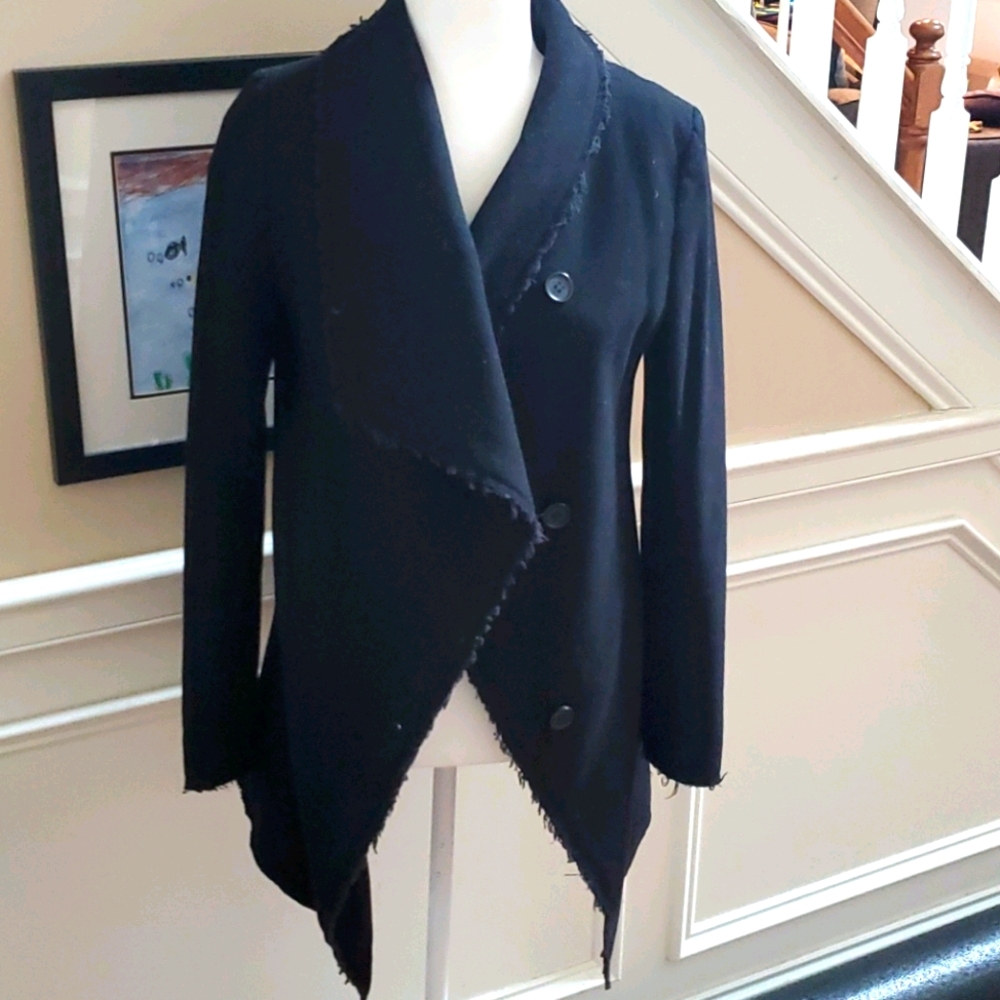 H&M Black Wool Abstract Whimsical Vintage Style Fairy Long Jagged Jacket Blazer